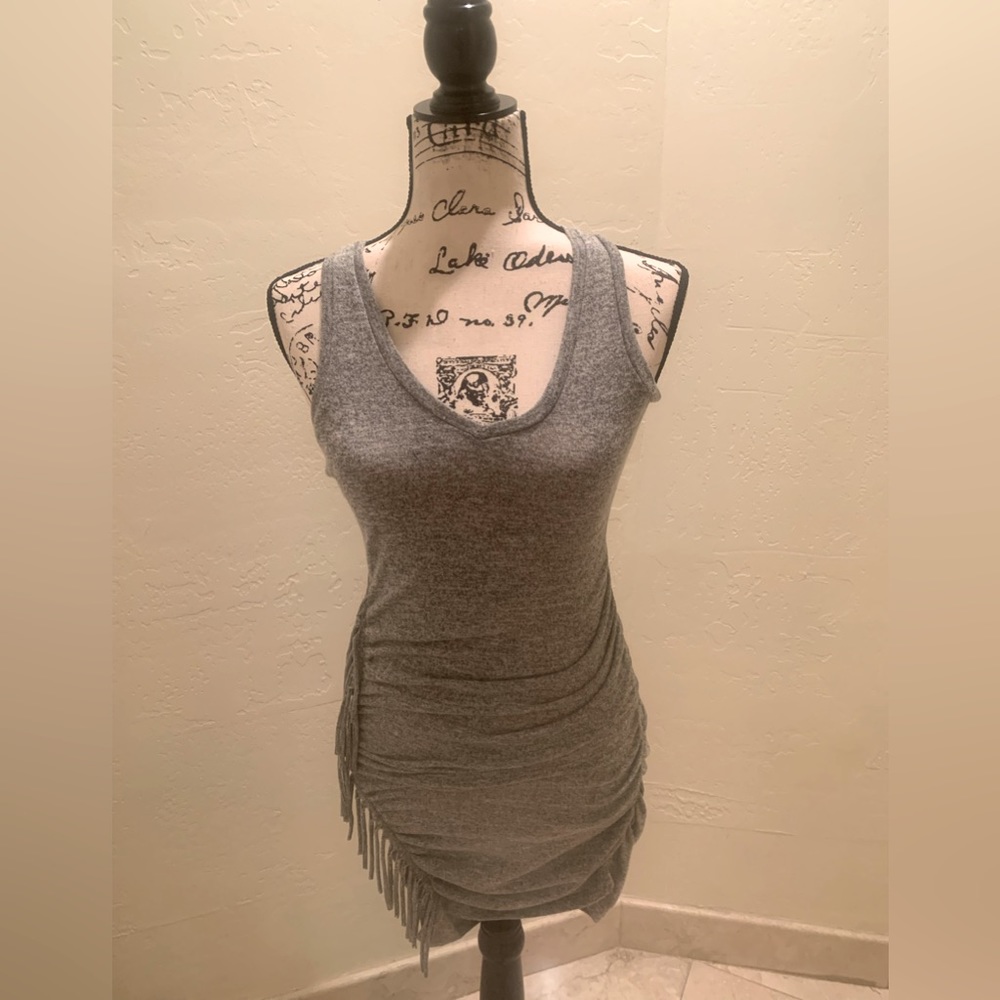 Express women’s Gray V-neck dress with fringe on the right side